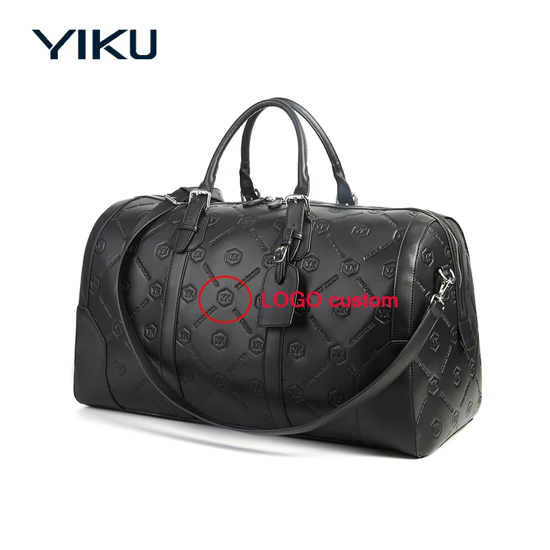 YIKU Manufacturer Customization Full Emboss Logo Men Black  PU  Leather Duffel Overnight Traveling Duffel Bag