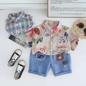 Boys Cute Children's Casual Summer Two-Piece Set Short-Sleeved Cartoon Pattern Cotton Spandex Shirt Suit 0-3 Years Old Clothes