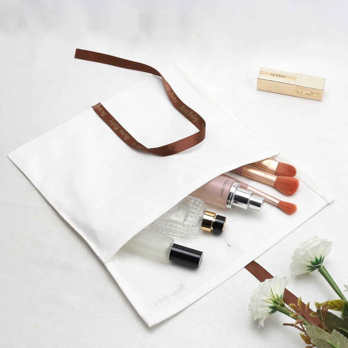Reusable Custom Logo Printed White Cotton Twill Envelope Pouch Clothes Gift Packing Bag With Ribbon Shoe Handbag Cover Dust Bag