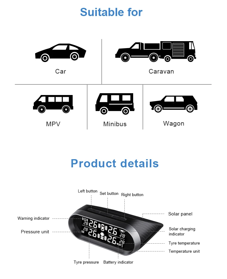 Universal External Internal Tpms Sensor Solar Power Tire Pressure