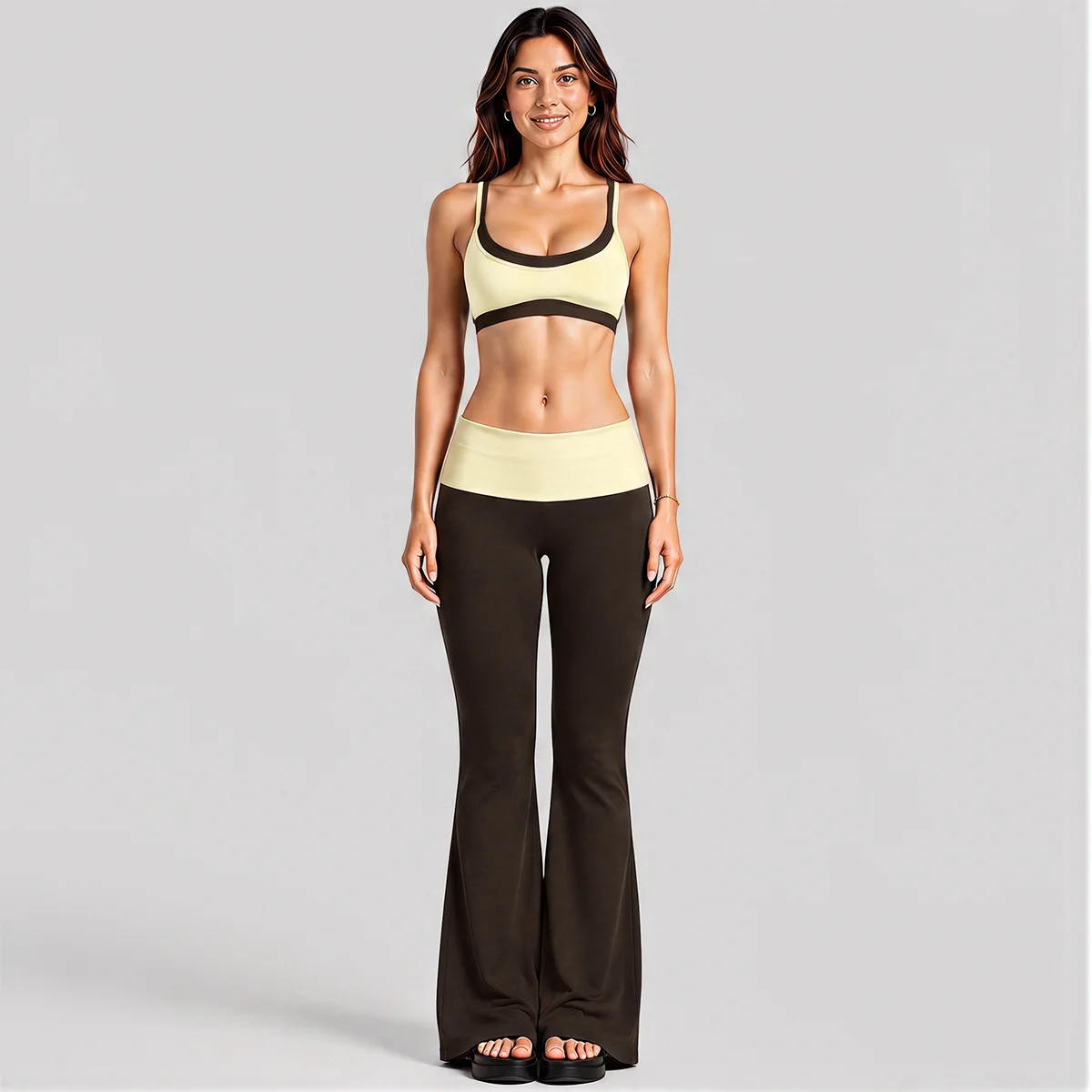 Contrast Color Yoga Bra and Flared Pants Set Double Layer Two Piece Activewear with Foldover Waistband — detail