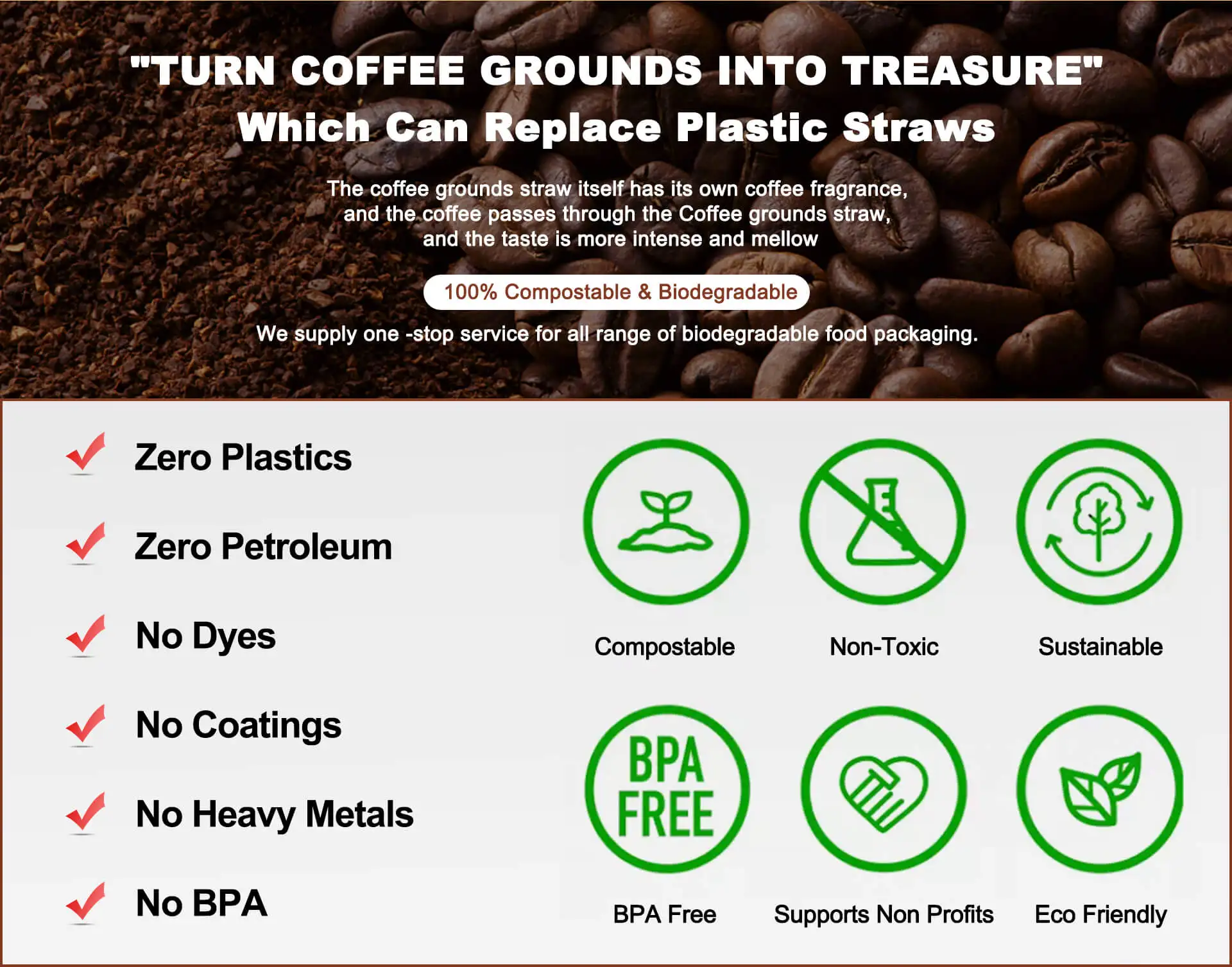 New Compostable Coffee Bagasse Straw, Coffee Waste Straw, Coffee Bean Straw With Paper Individual Wrap Package