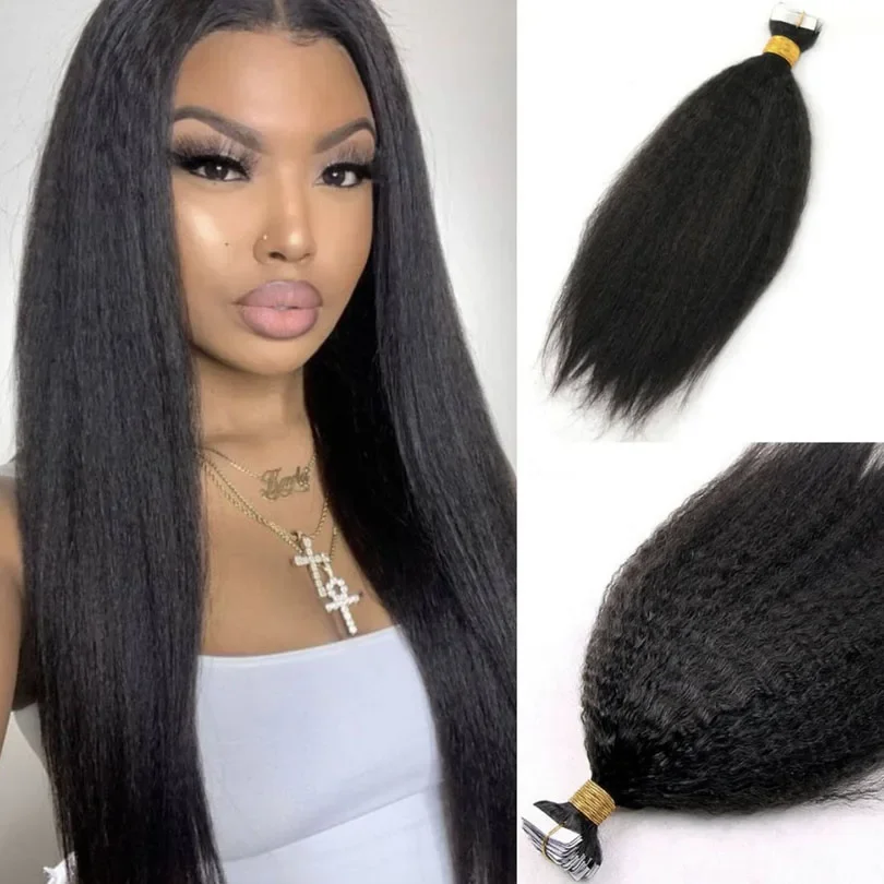40 pezzi nastro in estensioni per capelli umani Kinky lisci trama della pelle adesivo invisibile grossolano Yaki capelli colore marrone_voghion.com
