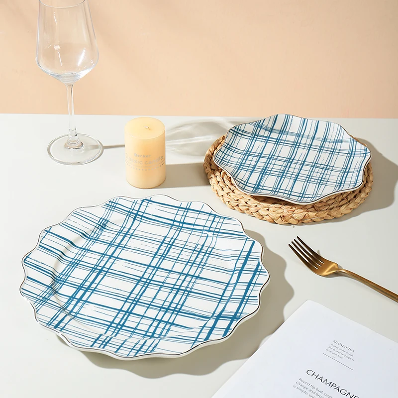 Factory Supply 8 Inch Large Size Serving Plate Vintage Blue Porcelain Dinner Plates Eco-Friendly Ceramic Plate for Salad