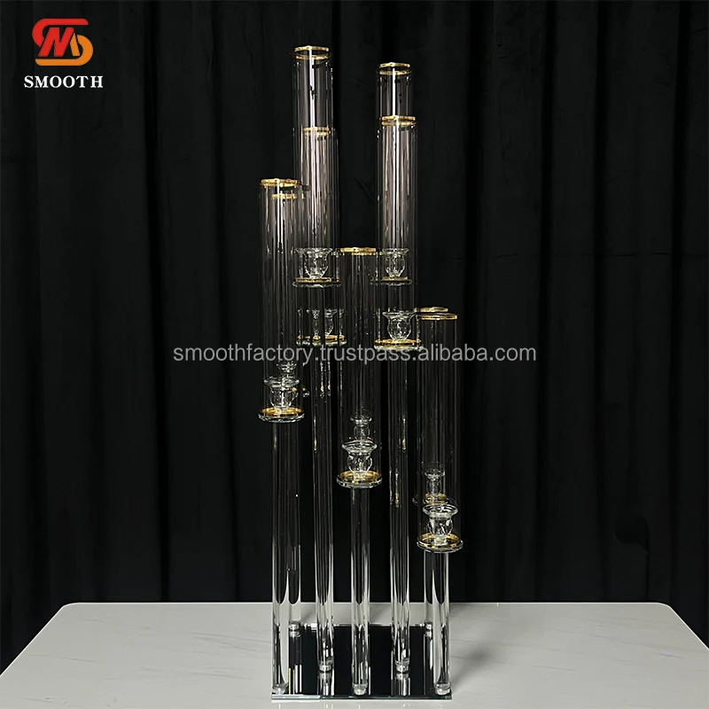 SMOOTH Gold Rim 10 Arms Design Candelabra High Quality Glass Wedding Banquet Restaurant Table Decor