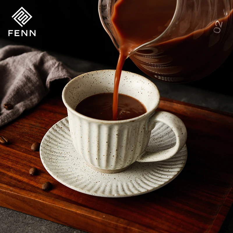 FENN Japanese Vintage 180ML high quality white red blue unique mug set 8 pieces ceramic coffee cup and saucer sets custom logo