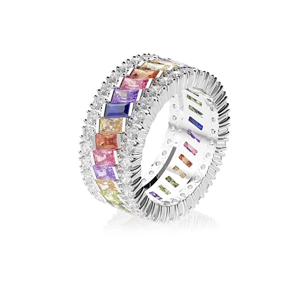Women Rainbow Color Baguette Stone Diamond Rings Cubic Zirconia 