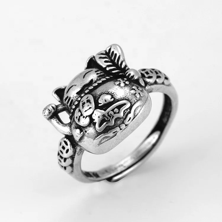 Maneki Neko Chinese Charming Retro Style Antique Silver Plated Lucky Cat Wealth Rings