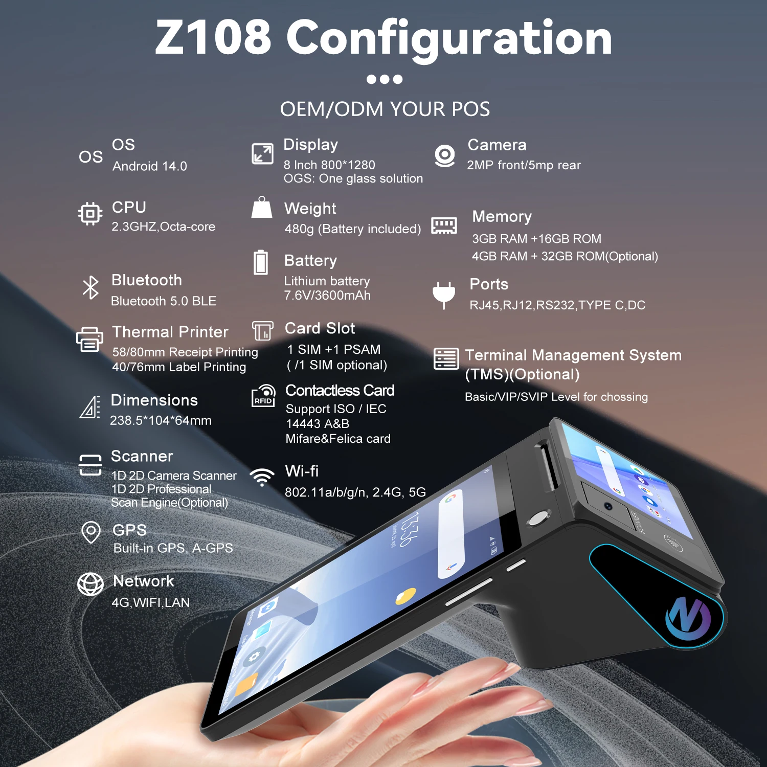 8 Inch Android 14 Wifi Terminal Android Pos Restaurant Online Order Printing Machine for Food Delivery