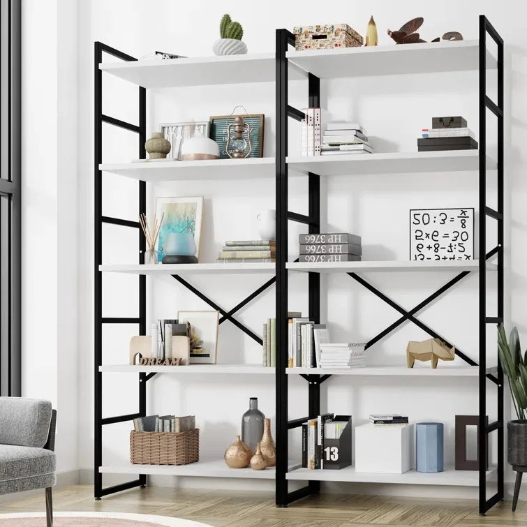 Rustic Large Open Metal Framed Bookshelf Tall Free Combination Office Bookcase Book Shelf Cabinet Rack Wood Wall Bookshelves