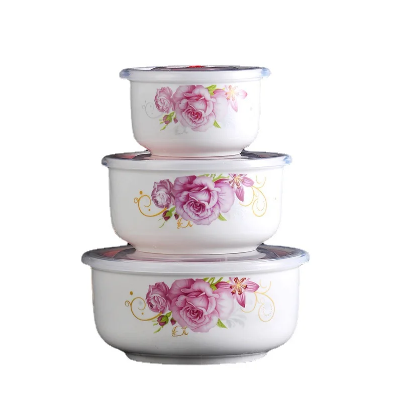 Custom Printed  Ceramic  Bowl 3 Set Microwave Safe Storage Food Container Fruit Serving Fresh Seal Bowls Noodle Bowl with Lid