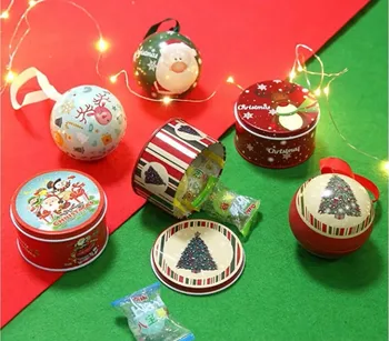 Christmas Decorations Ornament Gift Tree Ball Tin Box Chocolate Candy Cookie Christmas Tin Ball Open with Ribbon