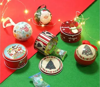 Christmas decorations ornament gift tree ball tin box chocolate candy cookie christmas tin ball open with ribbon