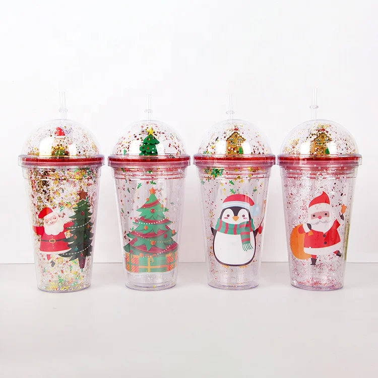 Christmas Cups Lids Straws, Plastic Christmas Cups Lids