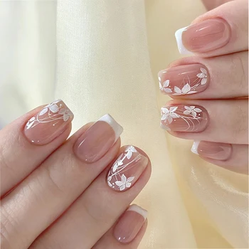 24pcs/set  Pure desire white flowers Full Cover/Half Designed Nail TArt Artificial Tips Coffin Designed Press On Nails