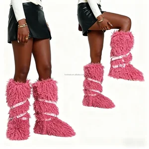 BUSY GIRL RS9251 Plum Custom Design Boots Knee High Fur Boots Women Punk Faux Fur Boots for Women Wear-resistant Anti-Slip Shoes