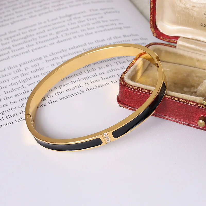 Stainless Steel CZ Crystal Gold with Black Red Blue Colorful Bangle for Women Luxury Jewelry Fashion Enamel Bangles Bracelets