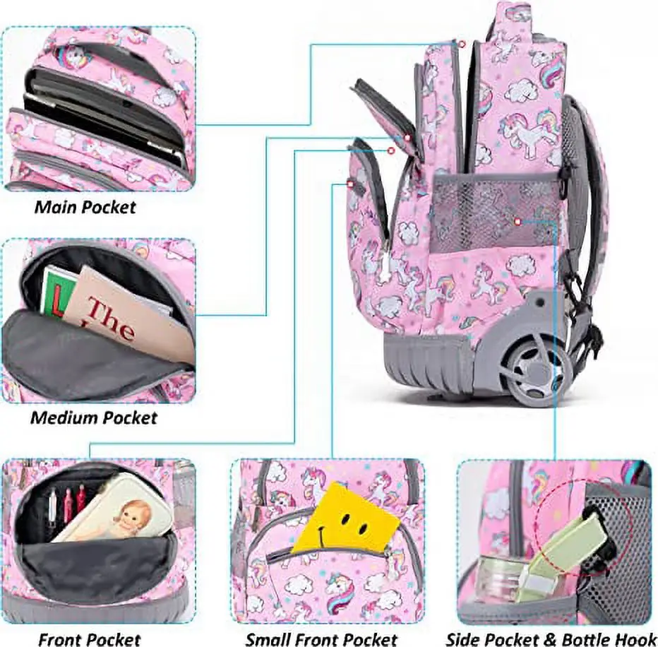 Oruiji Unicorn Rolling Backpack Set For Girls - 3 In 1 With Lunch Bag & Pencil Case, Waterproof - View #6