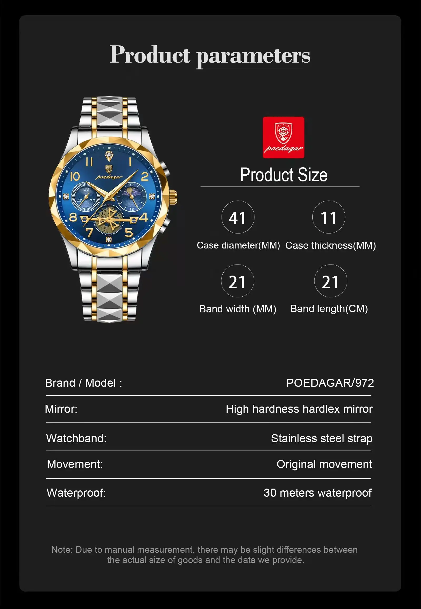 Poedagar 972黄金奢华商务手表防水计时夜光手时尚休闲男士手表Montre Relojes