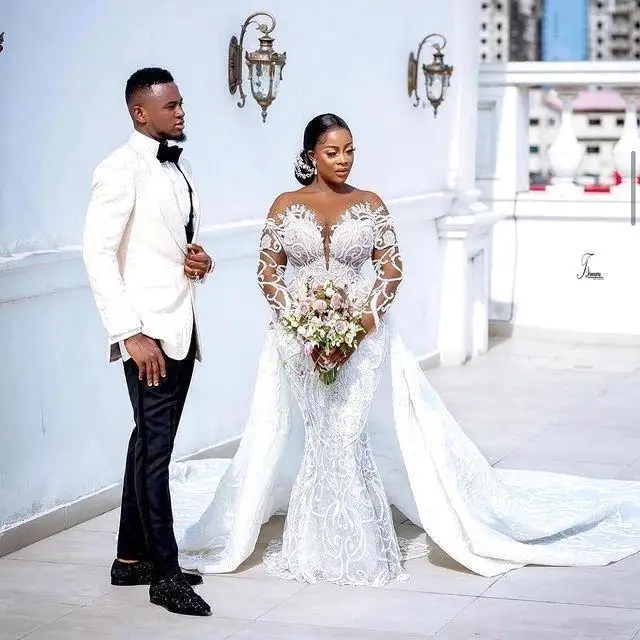 AL1802 2024 Custom Made White Rhinestone Silver Wedding Gown for Bride Elegant Two in One Mermaid Wedding Dress
