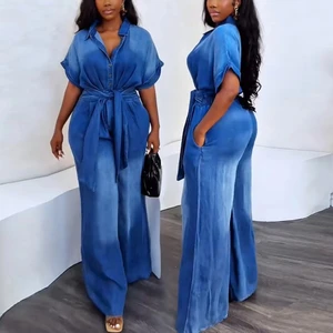 48 Customized Summer Jumpsuits Women Casual Turn-down Collar Breasted Lace up Short Sleeve Loose Wide Leg Jumpsuit for Women