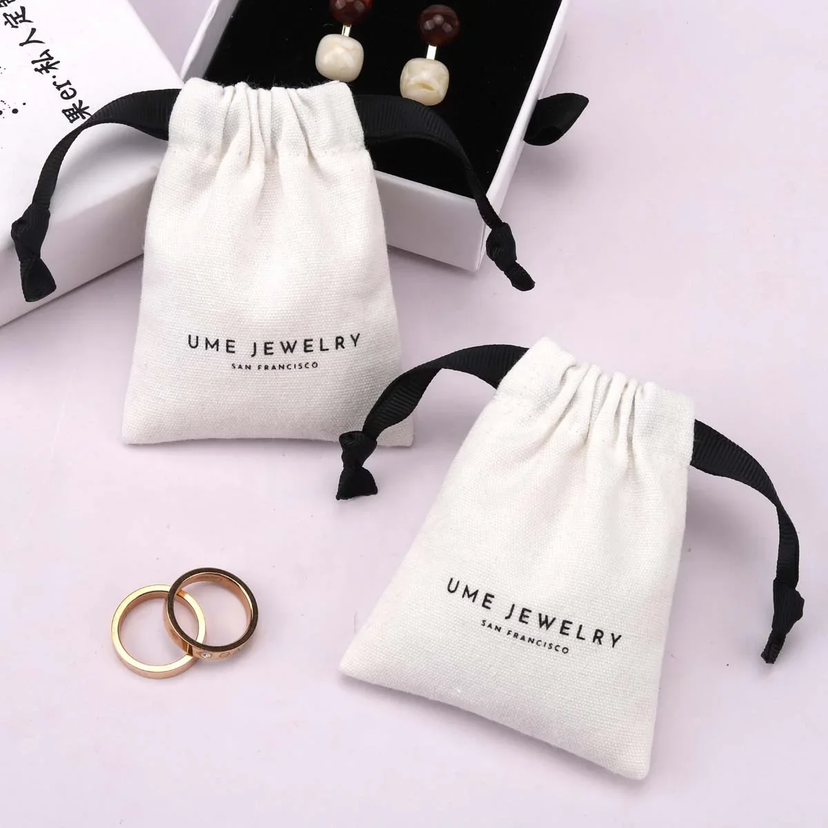 Custom Logo Printed Recycled Canvas Jewelry Ring Storage Pouch Luxury Soft Drawstring Dust Bag for Women Reusable for Promotion