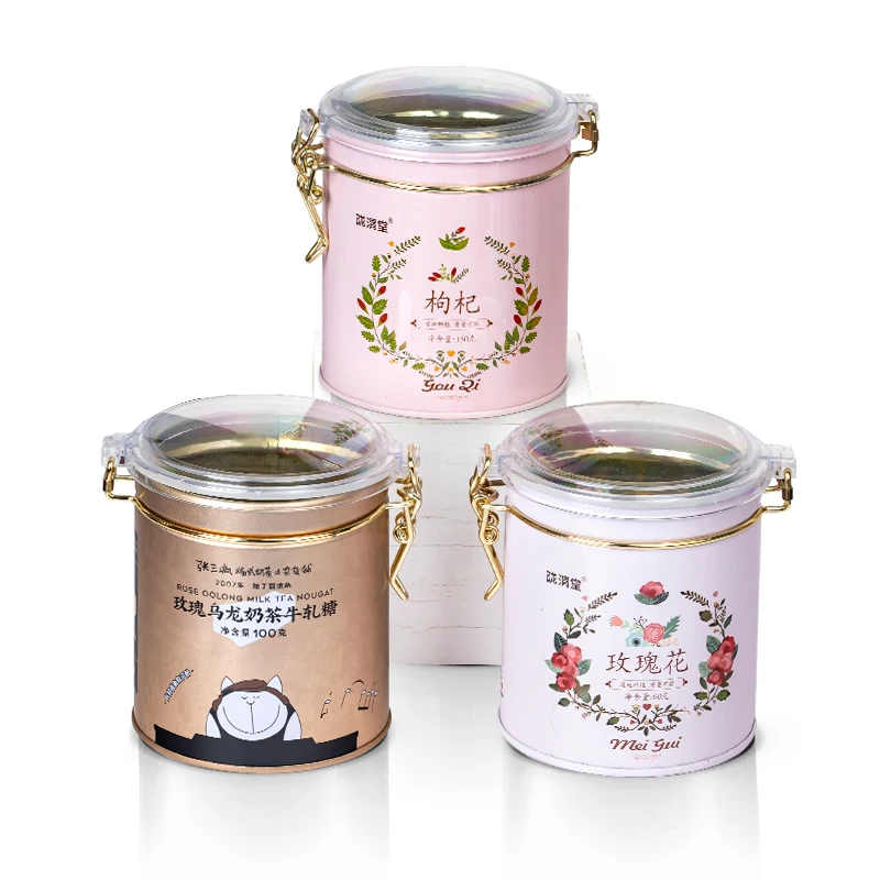 Factory Custom Coffee Rose Tea Packaging Tin Metal Container Round Tin Can Household Storage  Candy Snack Tea Tin Box With Clasp