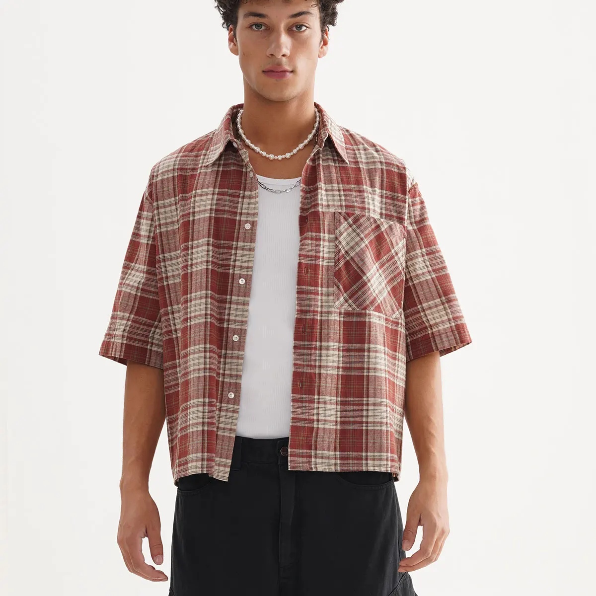BELVET Cropped checkered shirt 赤チェック L 90s “LANDS'END” boro checked shirt 】 | Skelet