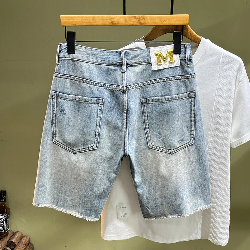 Vintage-stijl, hoogwaardige versleten en gescheurde nylon/katoenen korte broek voor heren, trendy slim-fit, elastisch, rechte pasvorm, zomerse casual stijl, middellange lengte