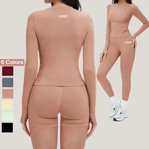 Nylon Women Seamless Washed Yoga Set Long Sleeve Top High Waist Peach Hip Lift Leggings Solid Washing Sports Suit