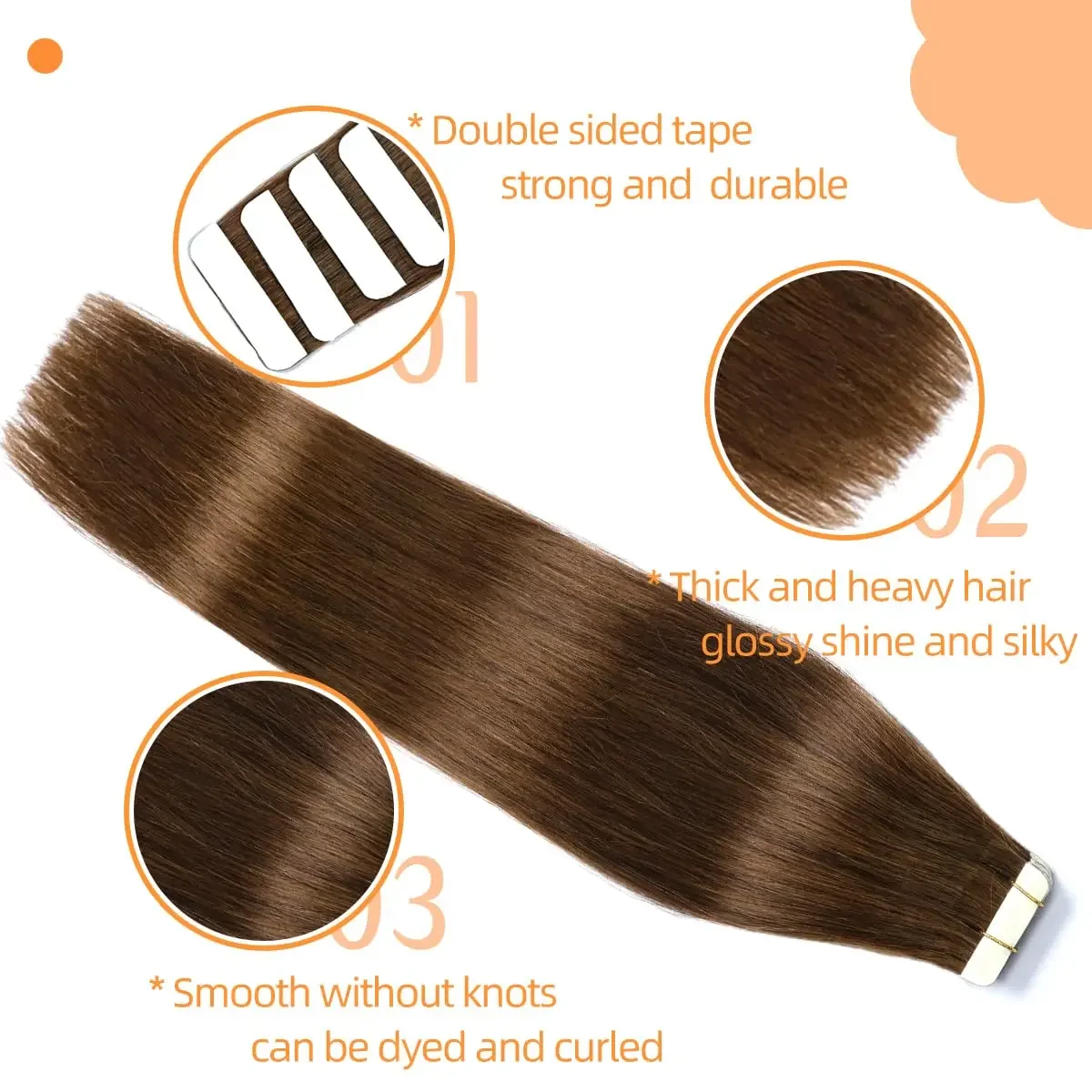 Extensii de păr cu bandă adezivă, păr natural, maro, drept, Remy, fără cusături, invizibil, 20 buc., 16-26 inch_voghion.com