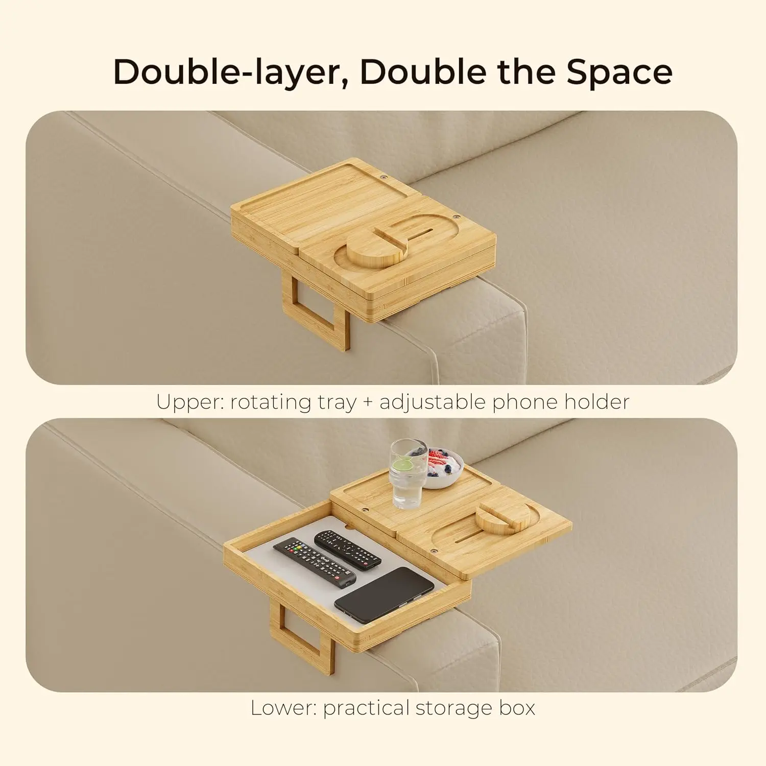 Double Layer Bamboo Couch Arm Tray with 2 Rotatable Tray, Adjustable Sofa Arm Clip Table with Storage Box & 360° Phone Holder