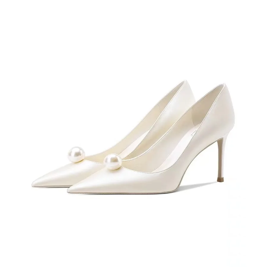 Plus Size Bridal Shoes Pointed Toe White Red Satin High Heeled Slip On Women Pearl Wedding Pumps Shoes Party - Image 1