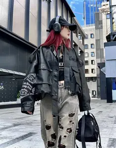 Oem Odm Women American Leather Bleached Embroidered Baseball Motorcycle Jacket Stylish Outerwear