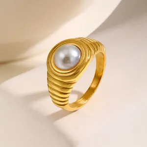 Hot Sale Minimalist Jewelry Stainless Steel Rings Gold Plated Oval Pearl Jewelry Rings for Women