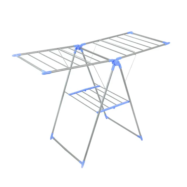 Modern Outdoor Portable Iron Cloth Drying Rack Double Tiers with Flexible Wings Foldable Standing Type for Shoes and Bedding