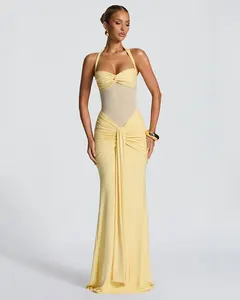 Halter Backless Draped Sexy Maxi Dress Women Fashion Patchwork Sleeveless Ruched Bodycon Club Party Long Dress