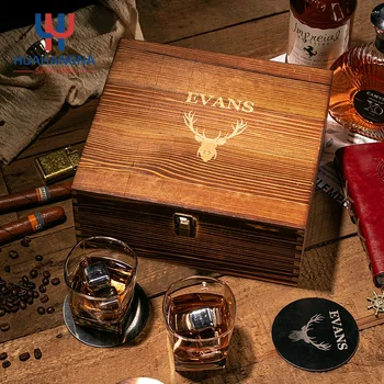 In Stock Custom Logo Granite Chilling Liquor Rocks Whiskey Glass Set in Wooden Gift Box for Birthday Wedding