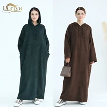 Loriya Casual Cordury Hoodie Abaya Loose Fit Custom Women Clothing Abaya Muslim Women Dress with Pockets Daily Wear Winter Abaya