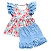 Pink Rose Floral Blue Ruffle Sleeve Short Set