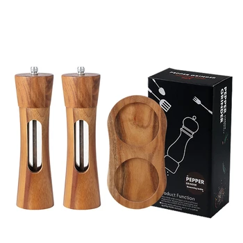 Kitchen Accessories Acacia Wood With Acrylic Visible Window Wooden Salt and Pepper Grinder Set