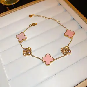 High-End Double-Sided Side Groove Five-Leaf Clover Diamond-Encrusted Stainless Steel for Bracelet Fashion Chain & Link Bracelets