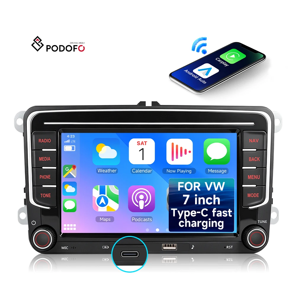 Podofo 7'' VW Car Stereo Wireless CarPlay/Android Auto for VW Caddy/ PASSAT/POLO Type-C Fast Charging Car Radio OEM/ODM A4665