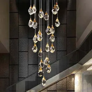 Staircase Hanging Crystal Drop Pendant Light Long Rock Chandeliers for Exhibition Hall Duplex Building Decor