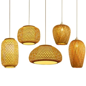 Modern Handmade Wicker Rattan Bamboo Wooden Shade Hanging Ceiling Lamp Retro Lighting for Home Woven Chandelier Pendant Light