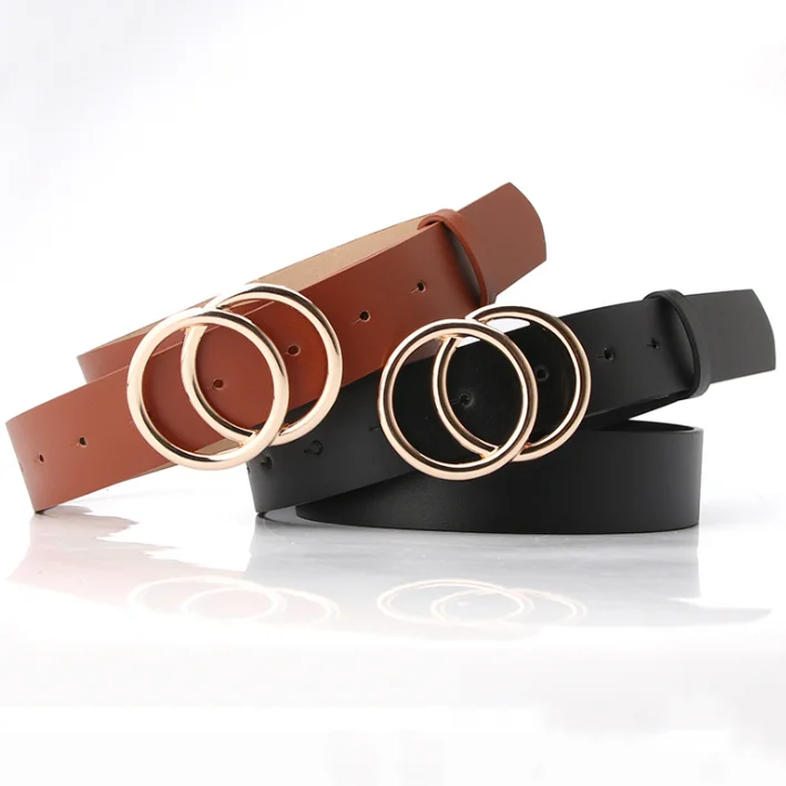 Shiny Gold Double O Ring Belt - Soft PU Leather for Women display picture 2