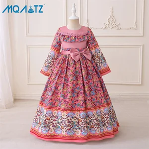 MQATZ Vintage Floral Print Girls Evening Dress Long Sleeve Court Style Bowknot Lace Piano Performance Dress