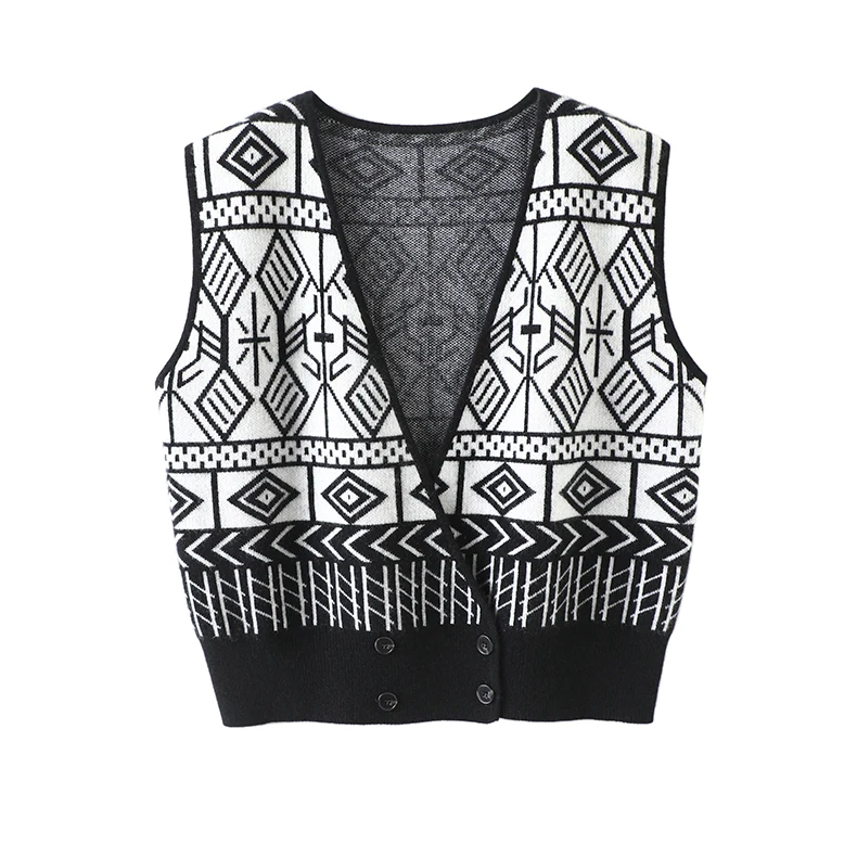 Guoou Geometric Jacquard Large V-neck Cashmere Vest Sweater