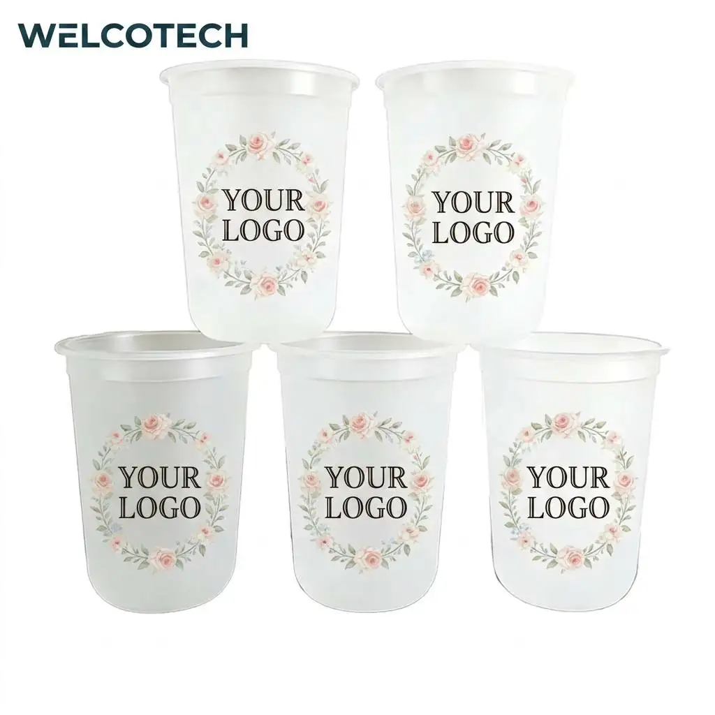 WELCOTECH 16oz Disposable Frosted Clear U-Shaped PET Plastic Cups Custom Logo BPA-Free Bulk Wholesal