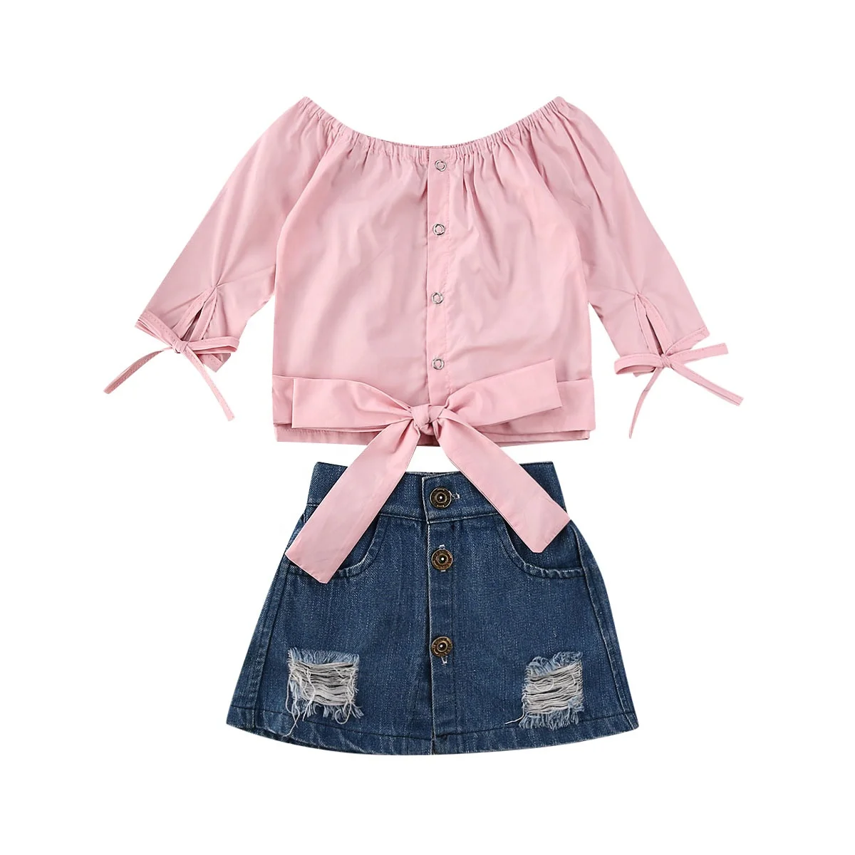 Girls Clothing Sets Spring Fashion Toddler Kids Baby Girls Pink Off Shoulder Tops Denim Skirt 2pcs Outfits Sets Buy Kids Girl Frock Design Pink Off Shoulder Bowknot Tops With Denim